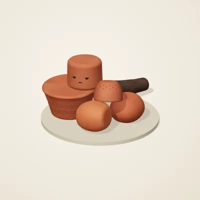 The six parts of Etruscan Terracotta No. 36 in a loose pile on a round stand