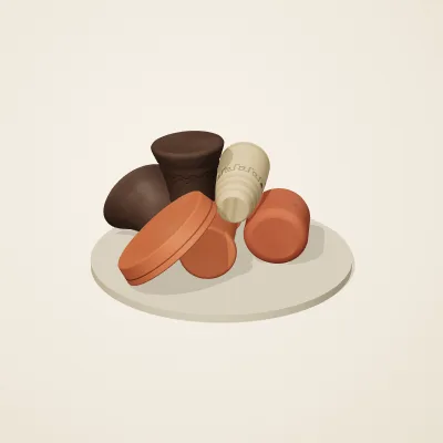 The six parts of Etruscan Terracotta No. 38 in a loose pile on a round stand
