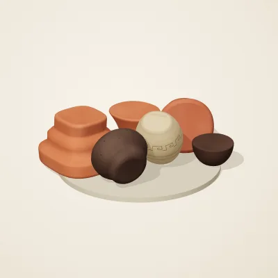 The six parts of Etruscan Terracotta No. 40 in a loose pile on a round stand