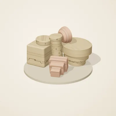 The six parts of Nabataean Sandstone No. 2 in a loose pile on a round stand
