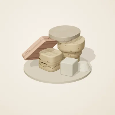 The six parts of Nabataean Sandstone No. 8 in a loose pile on a round stand