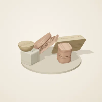 The six parts of Nabataean Sandstone No. 14 in a loose pile on a round stand