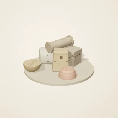 The six parts of Nabataean Sandstone No. 24 in a loose pile on a round stand