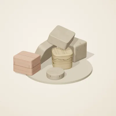 The six parts of Nabataean Sandstone No. 28 in a loose pile on a round stand