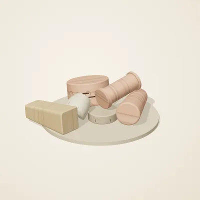 The six parts of Nabataean Sandstone No. 30 in a loose pile on a round stand