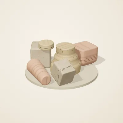 The six parts of Nabataean Sandstone No. 33 in a loose pile on a round stand