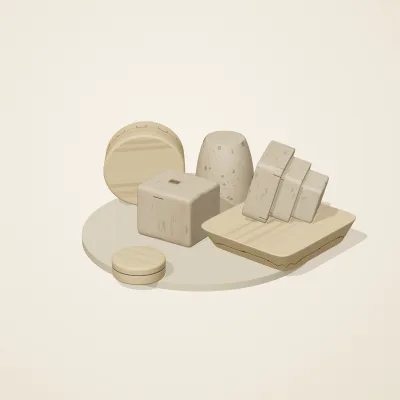 The six parts of Nabataean Sandstone No. 34 in a loose pile on a round stand