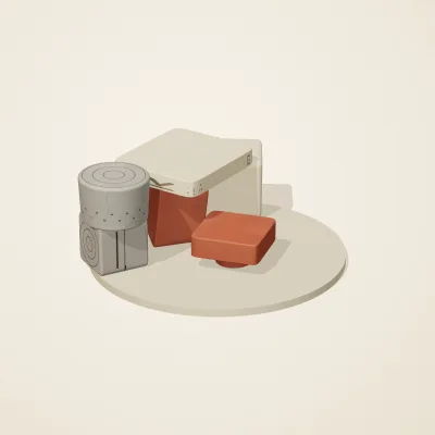 The six parts of Indus Geometry No. 1 in a loose pile on a round stand