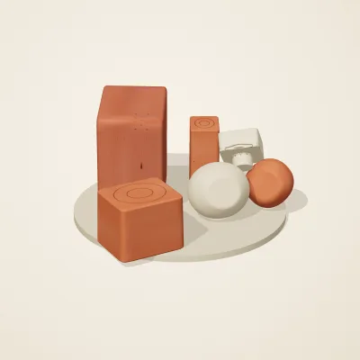 The six parts of Indus Geometry No. 6 in a loose pile on a round stand