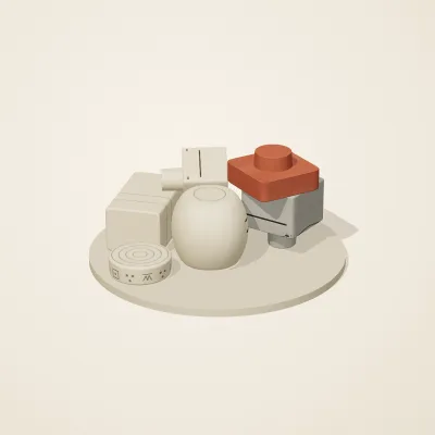 The six parts of Indus Geometry No. 11 in a loose pile on a round stand