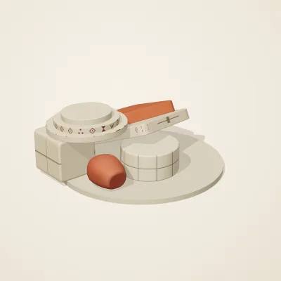 The six parts of Indus Geometry No. 12 in a loose pile on a round stand
