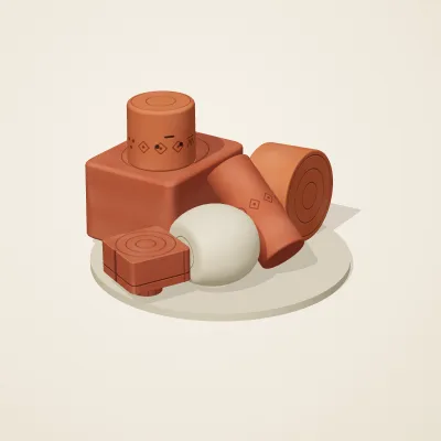 The six parts of Indus Geometry No. 15 in a loose pile on a round stand