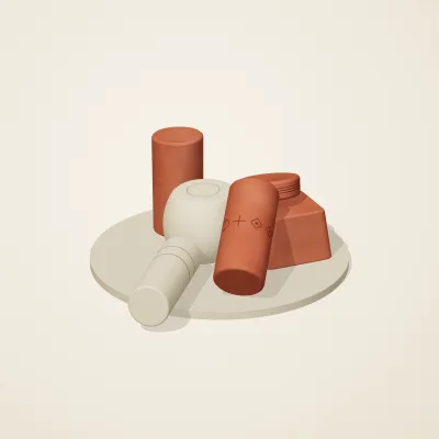 The six parts of Indus Geometry No. 18 in a loose pile on a round stand