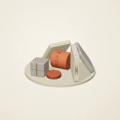 The six parts of Indus Geometry No. 29 in a loose pile on a round stand