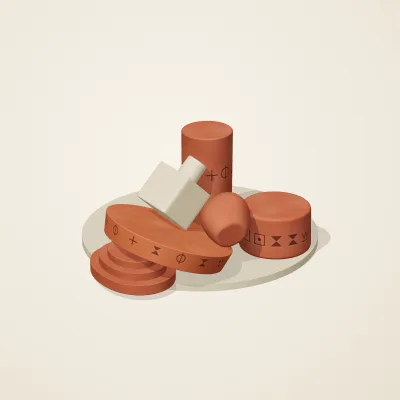 The six parts of Indus Geometry No. 34 in a loose pile on a round stand