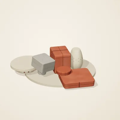 The six parts of Indus Geometry No. 35 in a loose pile on a round stand