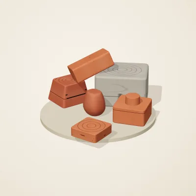 The six parts of Indus Geometry No. 36 in a loose pile on a round stand