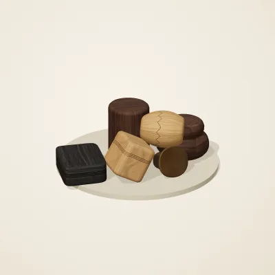 The six parts of Yoruba Woodcraft No. 1 in a loose pile on a round stand