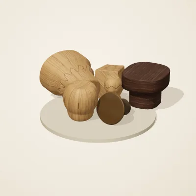 The six parts of Yoruba Woodcraft No. 7 in a loose pile on a round stand
