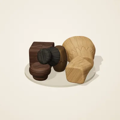 The six parts of Yoruba Woodcraft No. 8 in a loose pile on a round stand