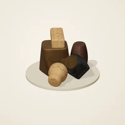 The six parts of Yoruba Woodcraft No. 14 in a loose pile on a round stand