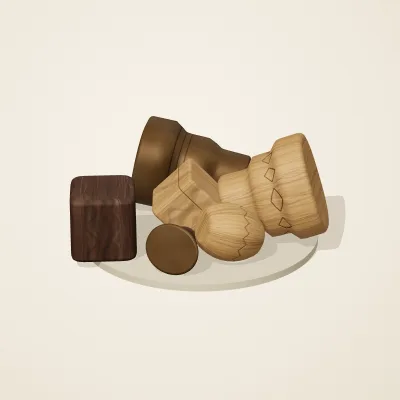 The six parts of Yoruba Woodcraft No. 15 in a loose pile on a round stand