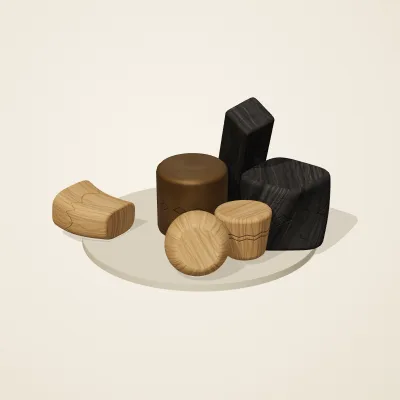 The six parts of Yoruba Woodcraft No. 21 in a loose pile on a round stand