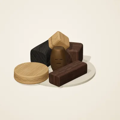 The six parts of Yoruba Woodcraft No. 22 in a loose pile on a round stand