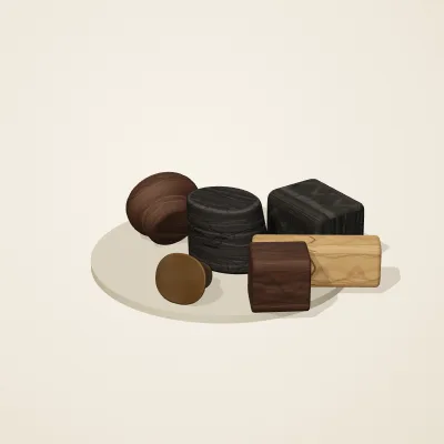 The six parts of Yoruba Woodcraft No. 24 in a loose pile on a round stand