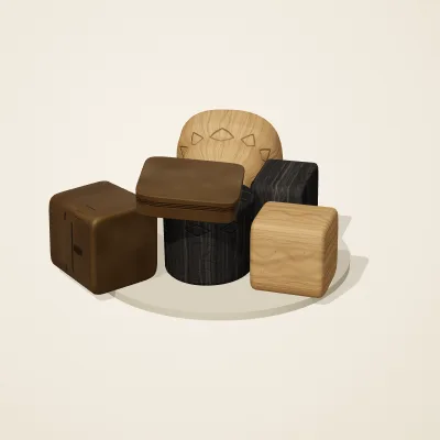 The six parts of Yoruba Woodcraft No. 25 in a loose pile on a round stand