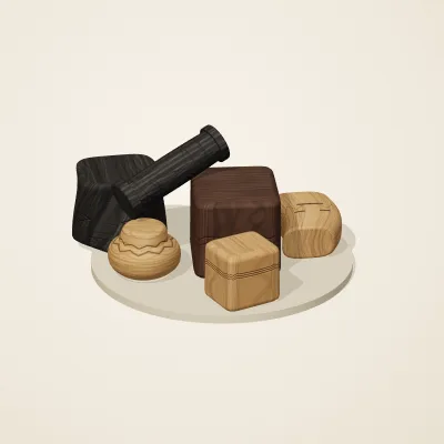The six parts of Yoruba Woodcraft No. 29 in a loose pile on a round stand