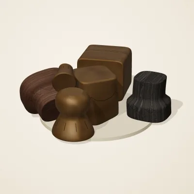 The six parts of Yoruba Woodcraft No. 35 in a loose pile on a round stand