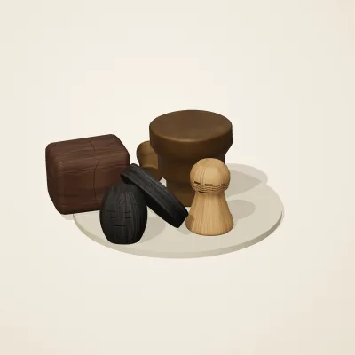 The six parts of Yoruba Woodcraft No. 37 in a loose pile on a round stand