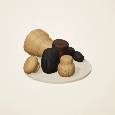 The six parts of Yoruba Woodcraft No. 38 in a loose pile on a round stand