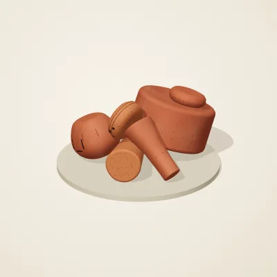 The six parts of Nok Terracotta No. 15 in a loose pile on a round stand