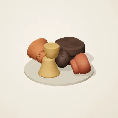 The six parts of Nok Terracotta No. 16 in a loose pile on a round stand