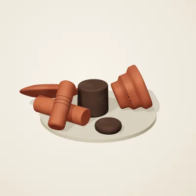 The six parts of Nok Terracotta No. 21 in a loose pile on a round stand