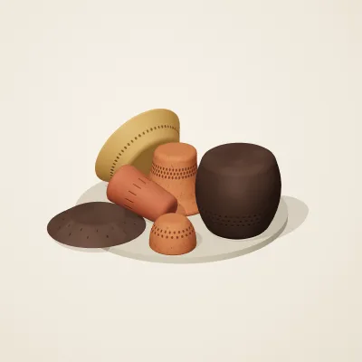 The six parts of Nok Terracotta No. 26 in a loose pile on a round stand