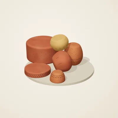 The six parts of Nok Terracotta No. 32 in a loose pile on a round stand