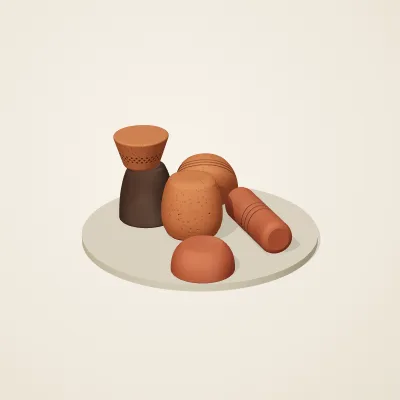 The six parts of Nok Terracotta No. 37 in a loose pile on a round stand