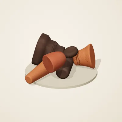 The six parts of Nok Terracotta No. 39 in a loose pile on a round stand