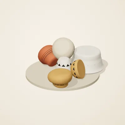 The six parts of Amazigh Ceramics No. 3 in a loose pile on a round stand