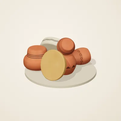 The six parts of Amazigh Ceramics No. 10 in a loose pile on a round stand