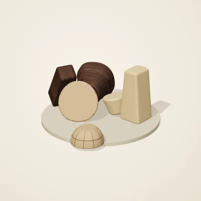 The six parts of Dogon Architecture No. 3 in a loose pile on a round stand