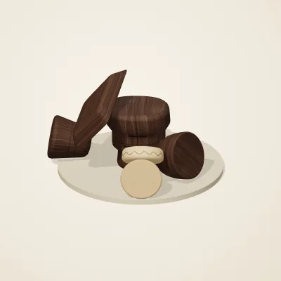 The six parts of Dogon Architecture No. 6 in a loose pile on a round stand