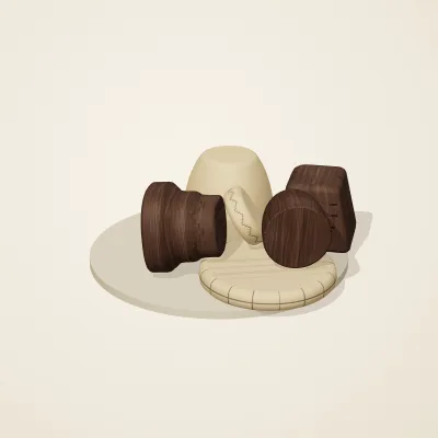 The six parts of Dogon Architecture No. 13 in a loose pile on a round stand