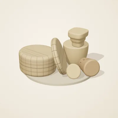 The six parts of Dogon Architecture No. 23 in a loose pile on a round stand