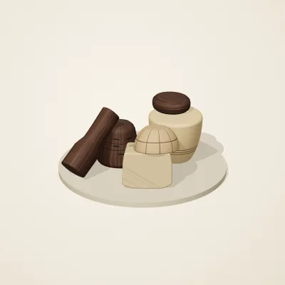 The six parts of Dogon Architecture No. 31 in a loose pile on a round stand