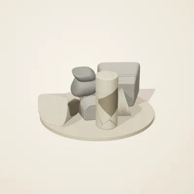 The six parts of Great Zimbabwe Stone No. 3 in a loose pile on a round stand
