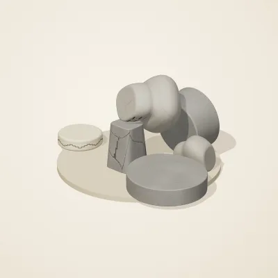 The six parts of Great Zimbabwe Stone No. 4 in a loose pile on a round stand